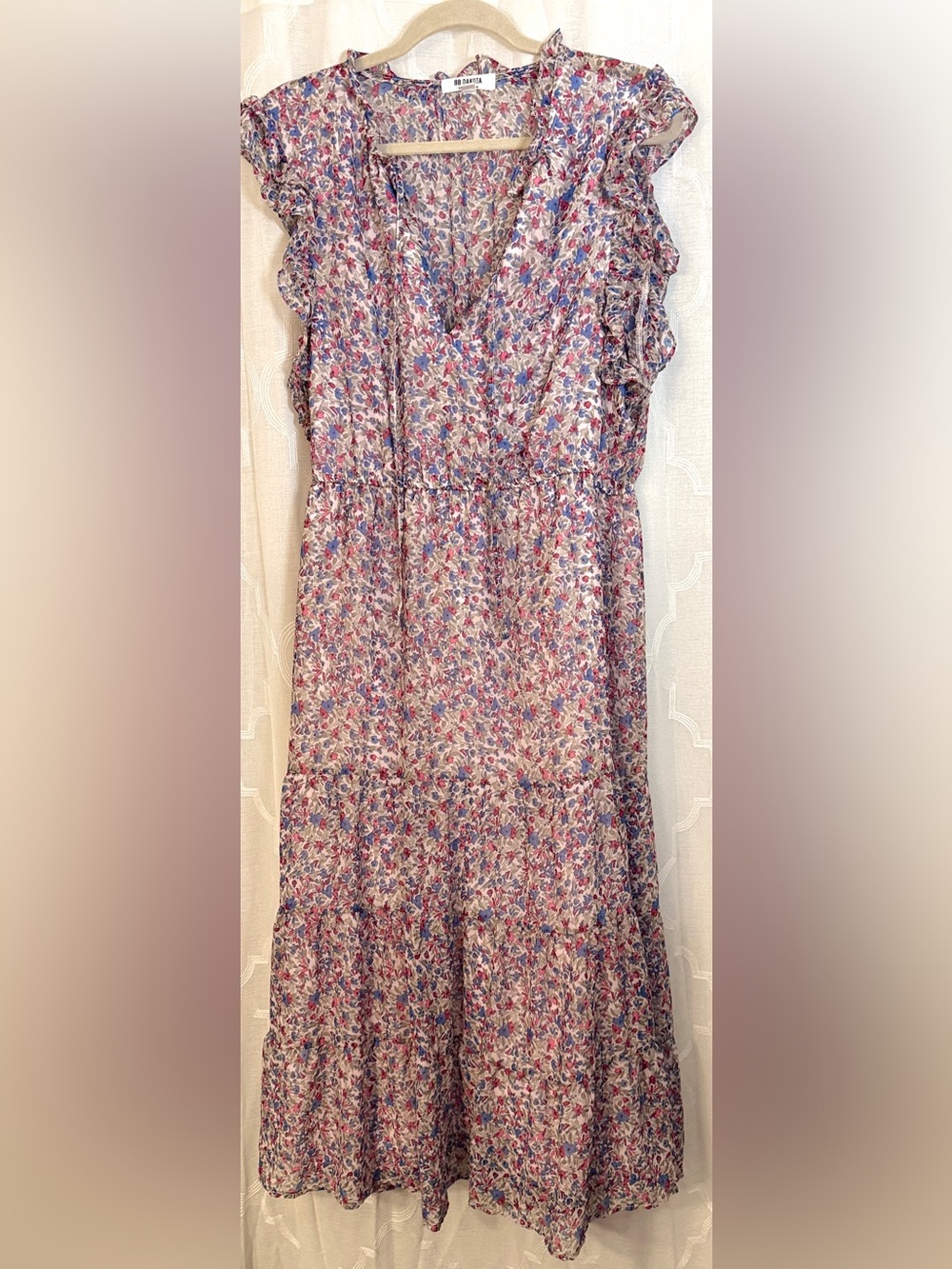 BB Dakota Floral Maxi Dress Pink Blue Boho Ruffle Tiered Cottagecore Size Large